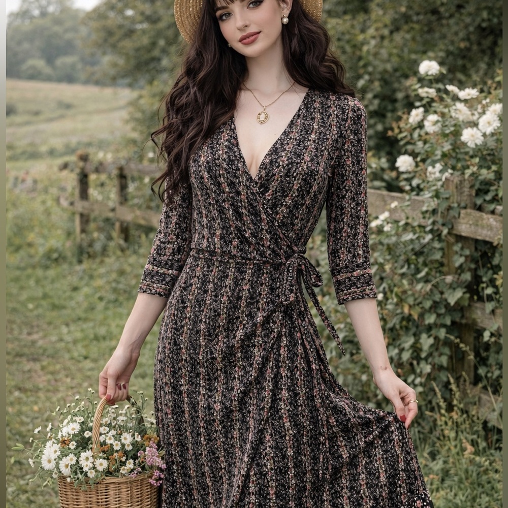 RUBY Black Pink Cottagecore Fairy Faux Wrap Cinched Midi Dress Size M